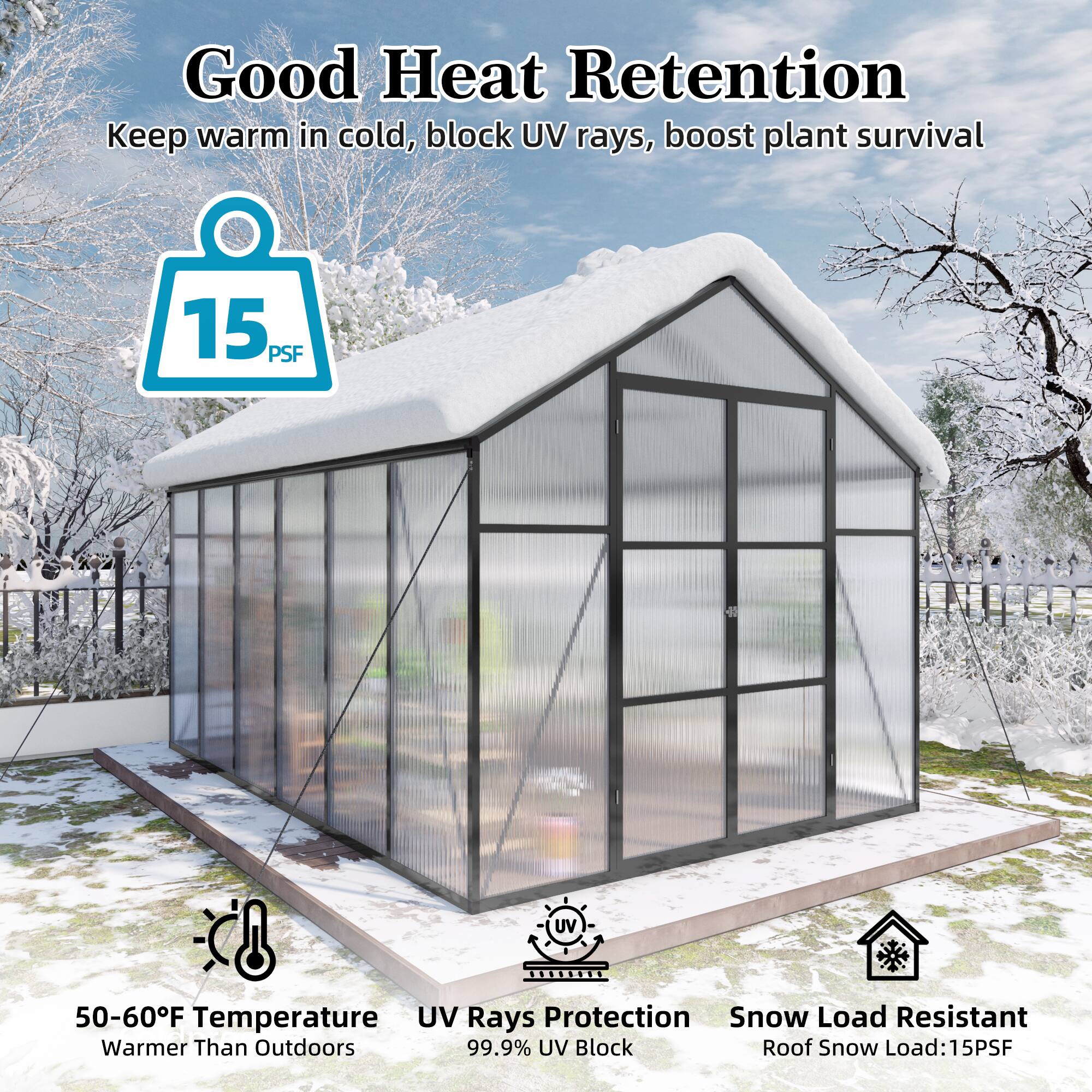 Good Heat Retention  
Keep warm in cold, block UV rays, boost plant survival  

15 PSF  

50-60°F Temperature  
Warmer Than Outdoors  

99.9% UV Block  

Snow Load Resistant  
Roof Snow Load: 15PSF