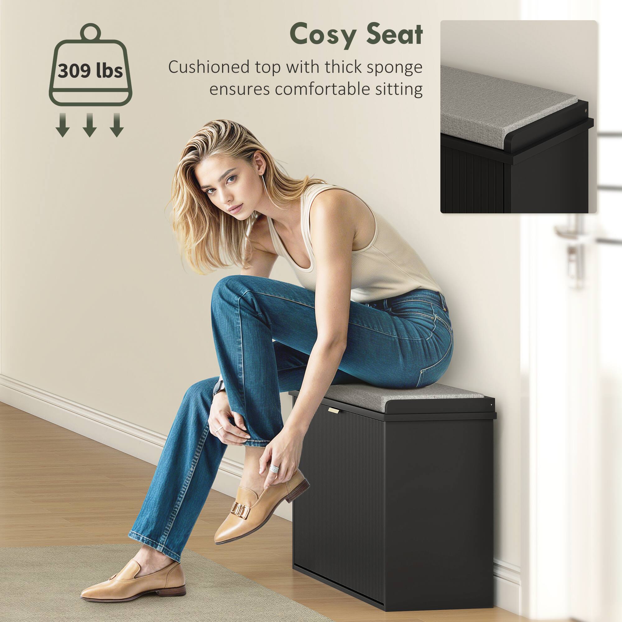 309 lbs, Cosy Seat, Cushioned top with thick sponge ensures comfortable sitting