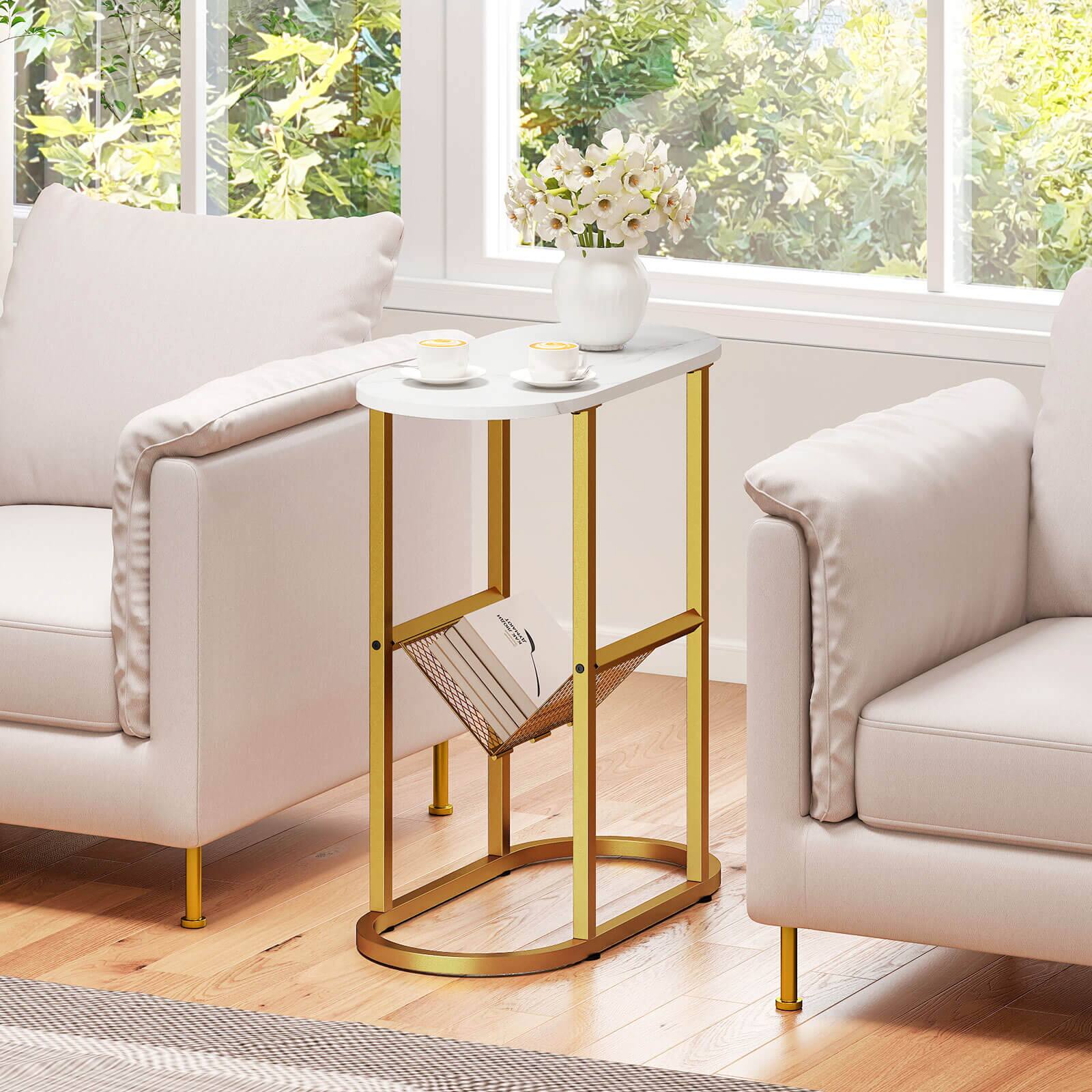 Alt View 4. Costway - Costway 2 PCS End Table with Faux Marble Tabletop & Magazine Holder Heavy-duty Metal Frame - White.