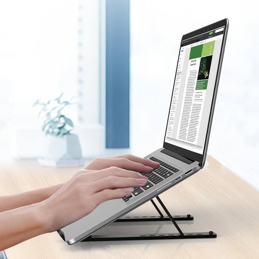 Angle. ACJPR - Portable Laptop Stand, Ventilated ABS + Silicone Foldable Holder - black.