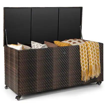 Front. Costway - Costway 96 Gallon Patio Rattan Storage Deck Box Container Garden Liner Wheels - Mix Brown.