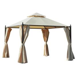 Outsunny - 10' x 10' Steel Outdoor Patio Gazebo with Polyester Privacy Curtains, Two-Tier Roof for Air, Large Design - Beige