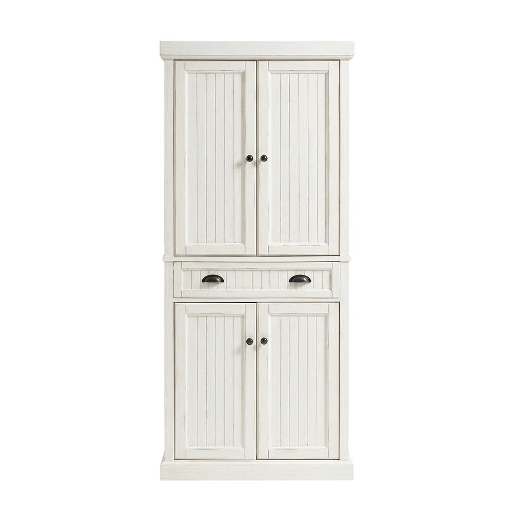 Front. FurniFact - White kitchen pantry cabinet with anti-tip safety feature - Distressed White.