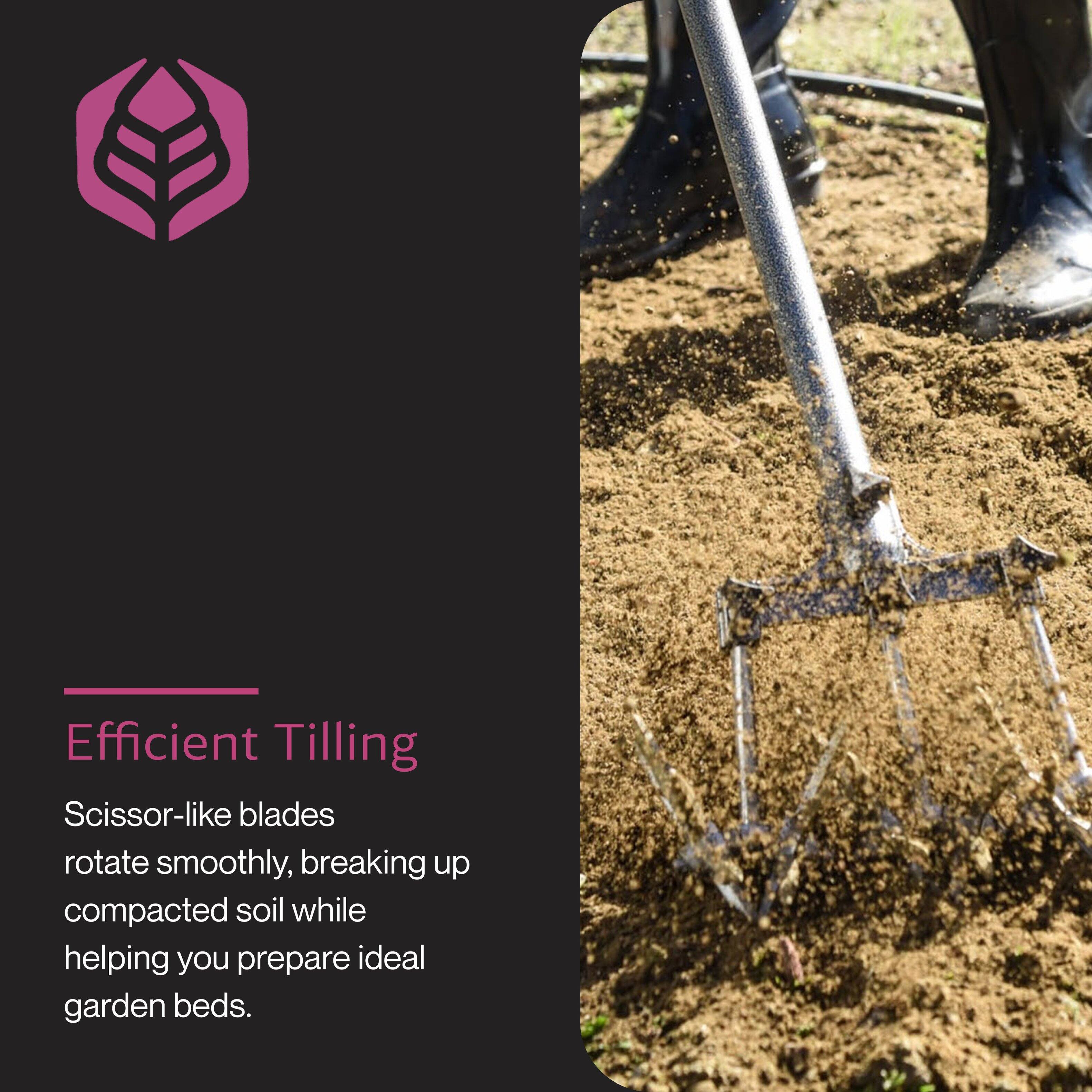 Efficient Tilling

Scissor-like blades rotate smoothly, breaking up compacted soil while helping you prepare ideal garden beds.