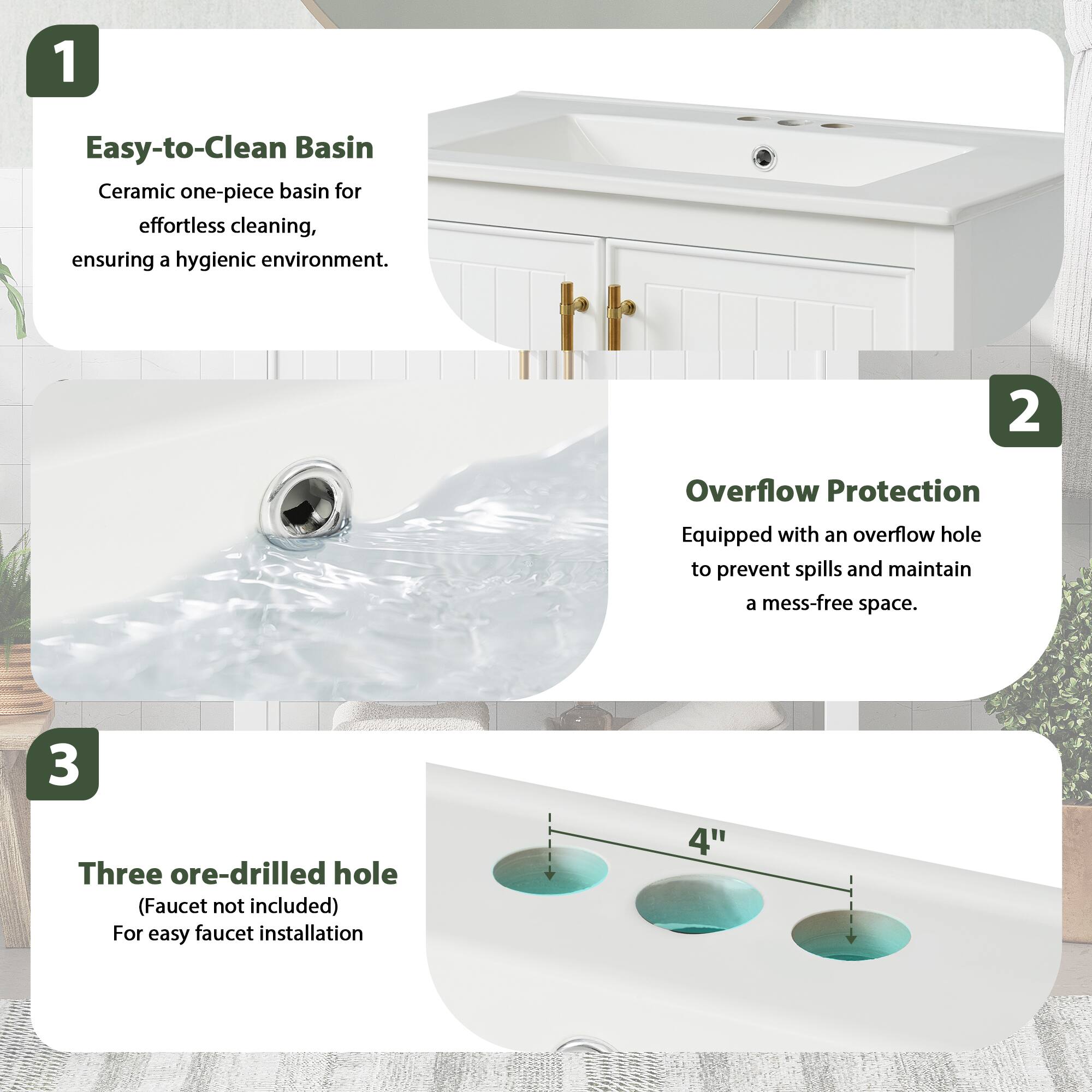 1. Easy-to-Clean Basin  
   Ceramic one-piece basin for effortless cleaning, ensuring a hygienic environment.

2. Overflow Protection  
   Equipped with an overflow hole to prevent spills and maintain a mess-free space.

3. Three ore-drilled hole (Faucet not included)  
   For easy faucet installation

4"