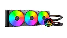 Front. Montech - LightFlow ARGB 360 CPU Liquid Cooler, 360mm AIO with Infinity Mirror Design, 3100RPM Pump, 3x120mm ARGB Fans - Black.