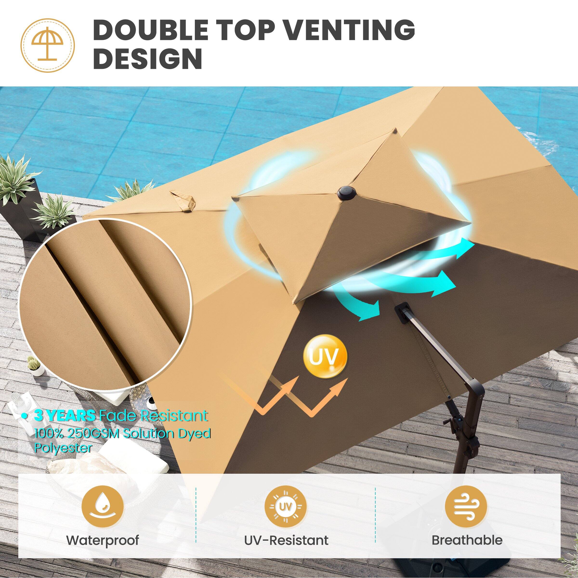 DOUBLE TOP VENTING DESIGN

- 3 YEARS Fade Resistant
- 100% 250GSM Solution Dyed Polyester

Waterproof
UV-Resistant
Breathable