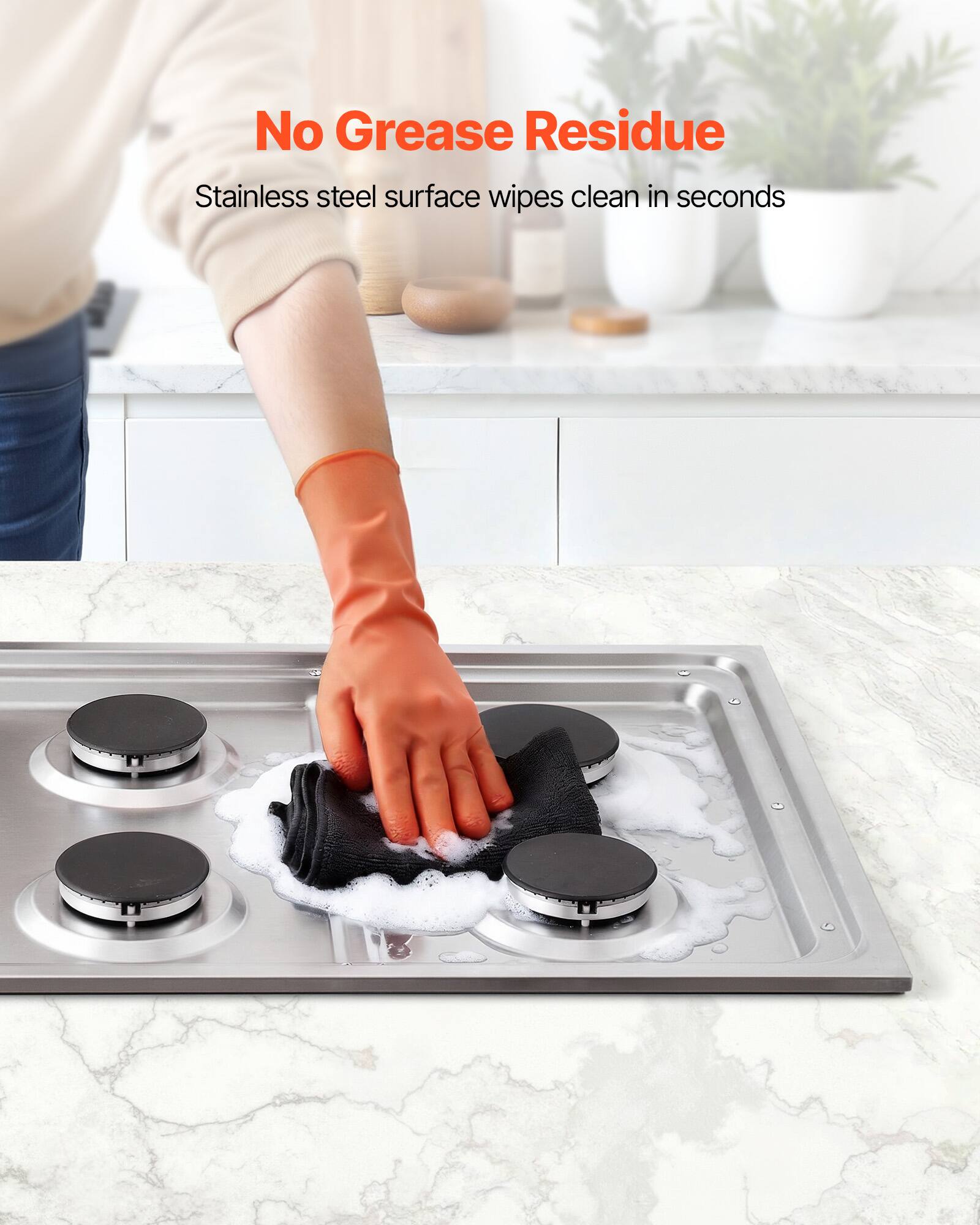 No Grease Residue  
Stainless steel surface wipes clean in seconds
