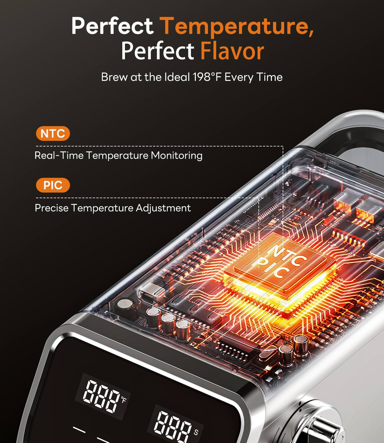 Perfect Temperature, Perfect Flavor  
Brew at the Ideal 198°F Every Time  

NTC  
Real-Time Temperature Monitoring  

PIC  
Precise Temperature Adjustment  

NTC PIC