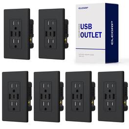 ELEGRP - 3 Ports Dual Type A & Type C USB Charger Wall Outlet, 15 Amp Tamper-Resistant Outlet w/Wall Plate, (6 Pack) - Black