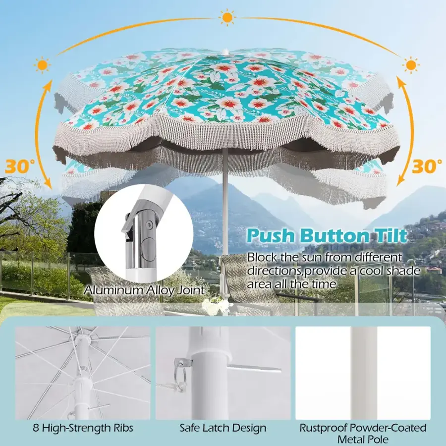 The text on the image reads: "30 30 Aluminum Alloy Joint Push Button Tilt Block the sun from different directions, provide a cool shade area all the time 8 High-Strength Ribs Safe Latch Design Rustproof Powder-Coated Metal Pole."
