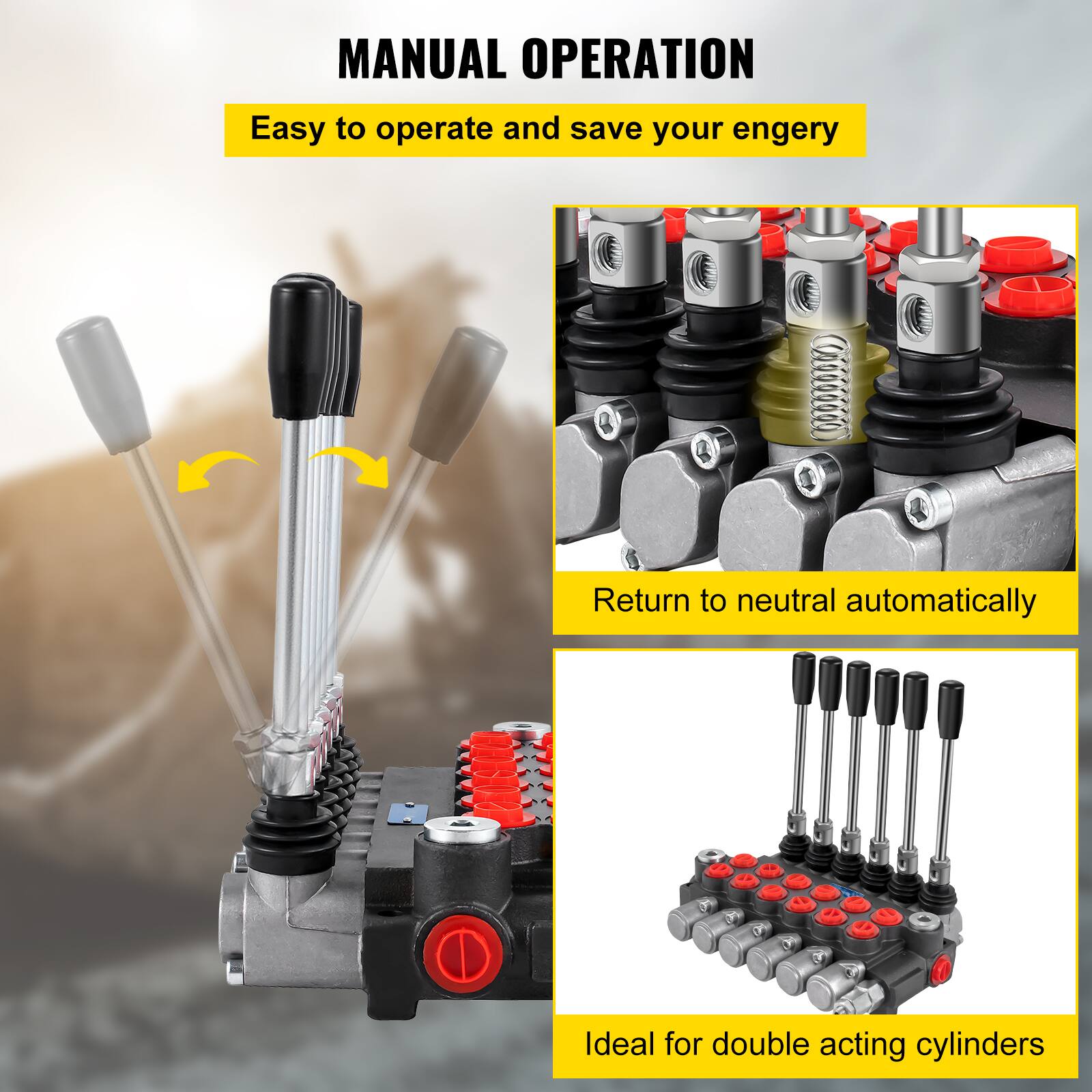MANUAL OPERATION  
Easy to operate and save your energy  
Return to neutral automatically  
6 -> N 3 E  
Ideal for double acting cylinders
