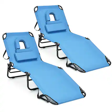 Front. Gymax - Gymax 2PCS 5-Position Lounge Chair Adjustable Beach Chaise w/ Face Cavity & Pillows Blue - Blue,Black.