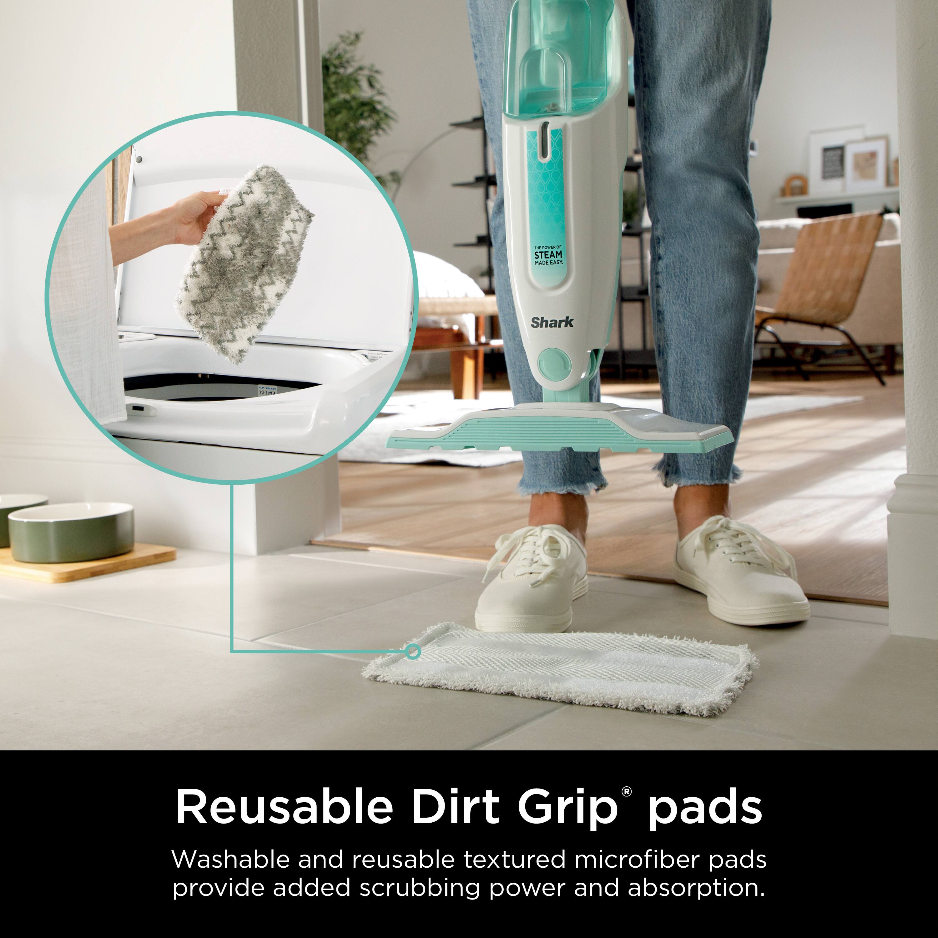 Reusable Dirt Grip® pads  
Washable and reusable textured microfiber pads provide added scrubbing power and absorption.