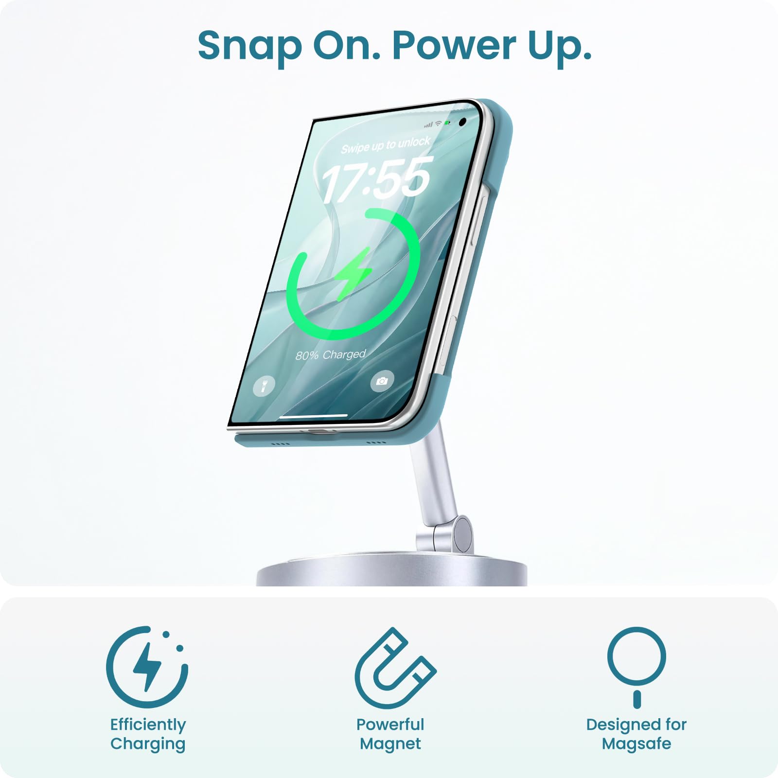 Snap On. Power Up.

Swipe up to unlock 17:55
80% Charged
Efficiently Charging
Powerful Magnet
Designed for Magsafe