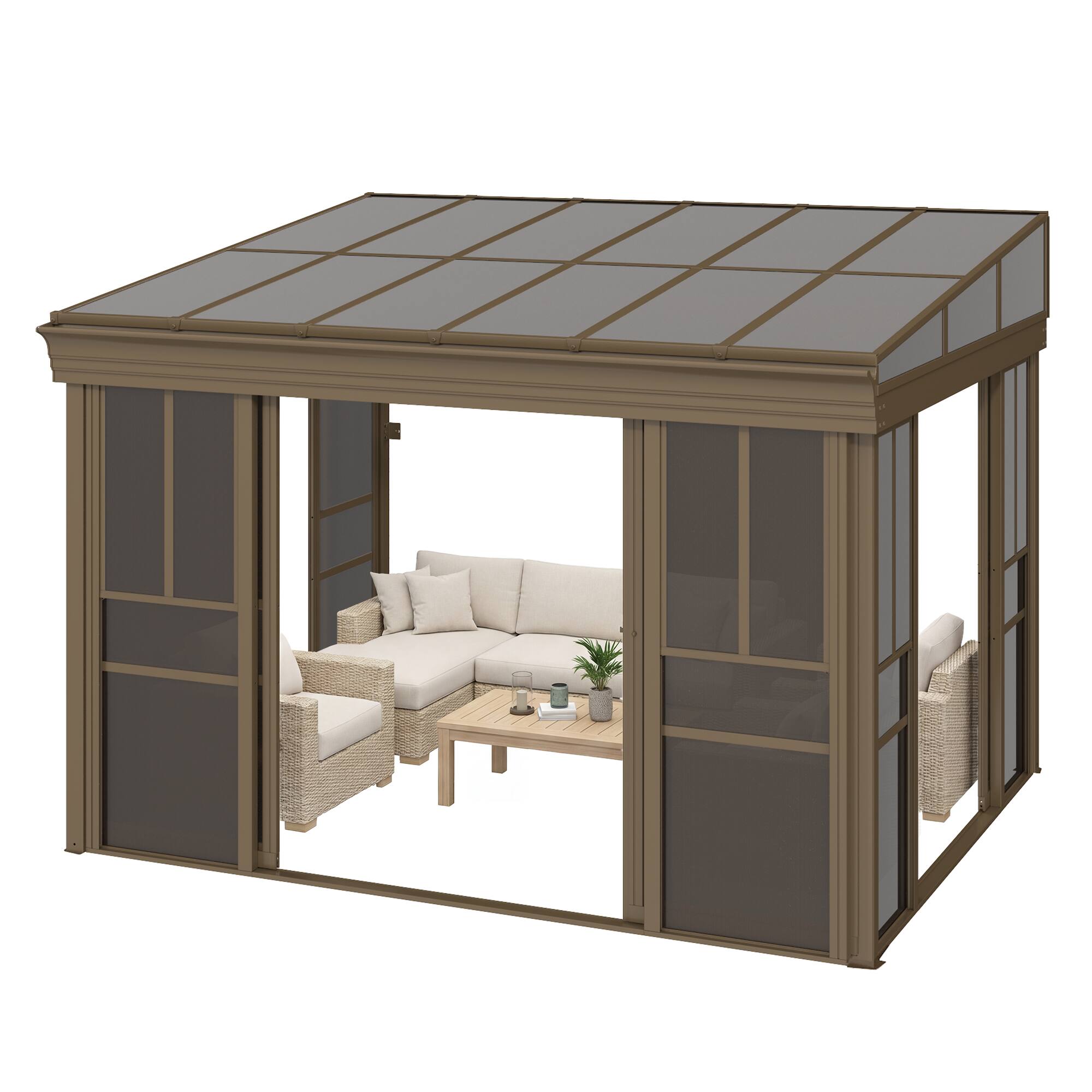 Alt View 6. U-HOMY - Brown Wall-Mounted Solarium Sunroom Kit with Sliding Doors and Adjustable Polycarbonate Windows - 10'x12'.