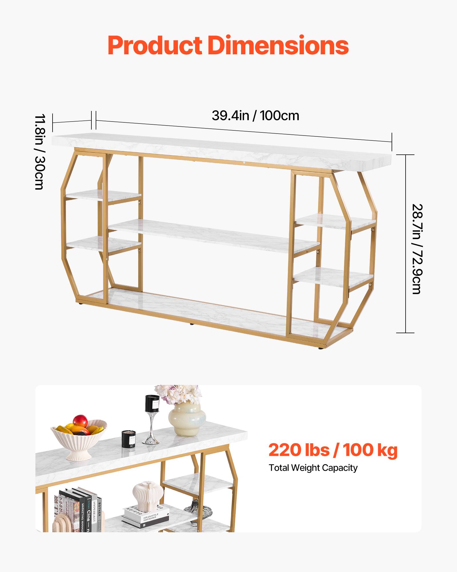 Product Dimensions: 11.8in / 30cm, 39.4in / 100cm, 28.7in / 72.9cm

Total Weight Capacity: 220 lbs / 100 kg