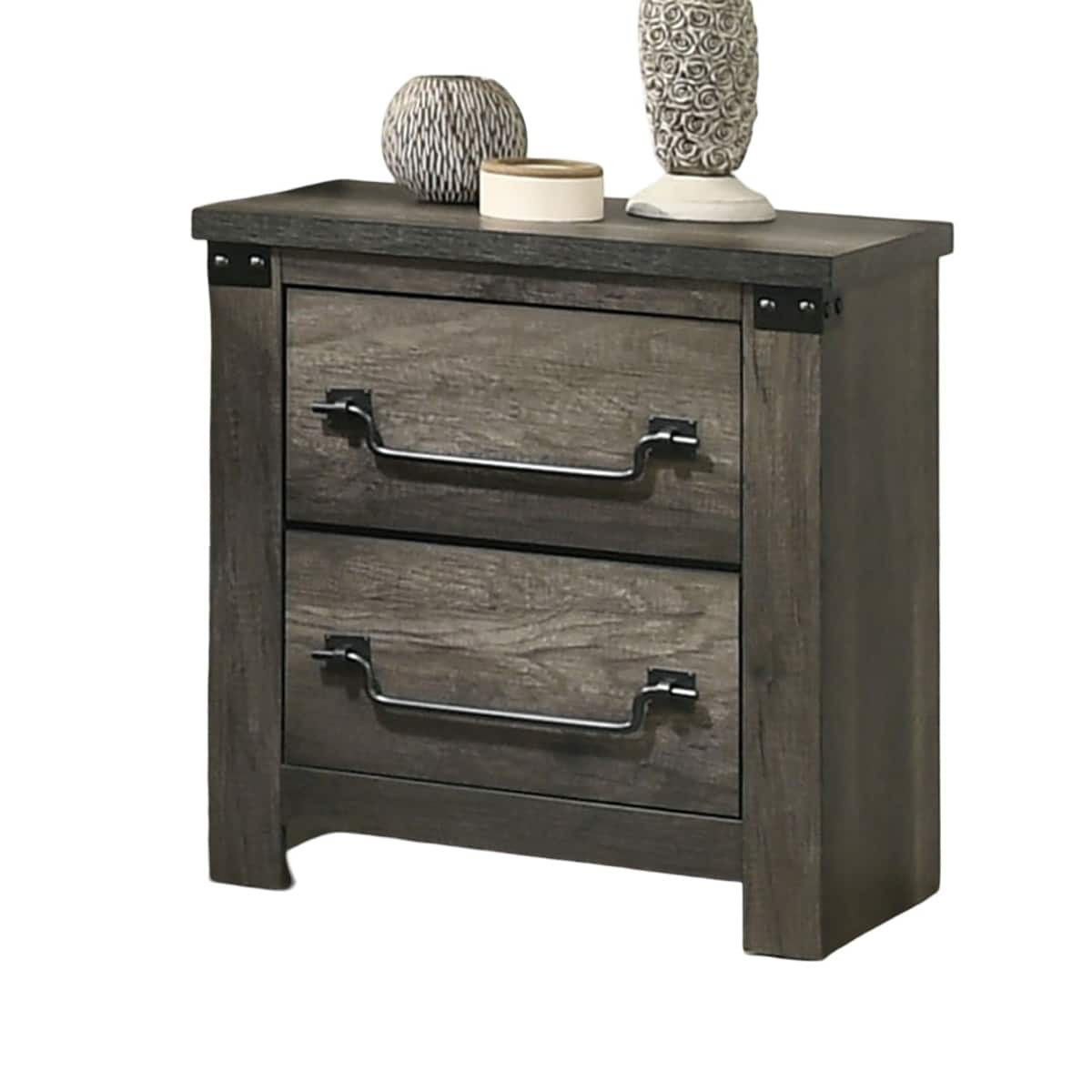 Loheer - Rustic Farmhouse Nightstand, Two Drawer Bedside Table with Metal Accents - Gray