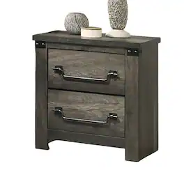 Loheer - Rustic Farmhouse Nightstand, Two Drawer Bedside Table with Metal Accents - Gray