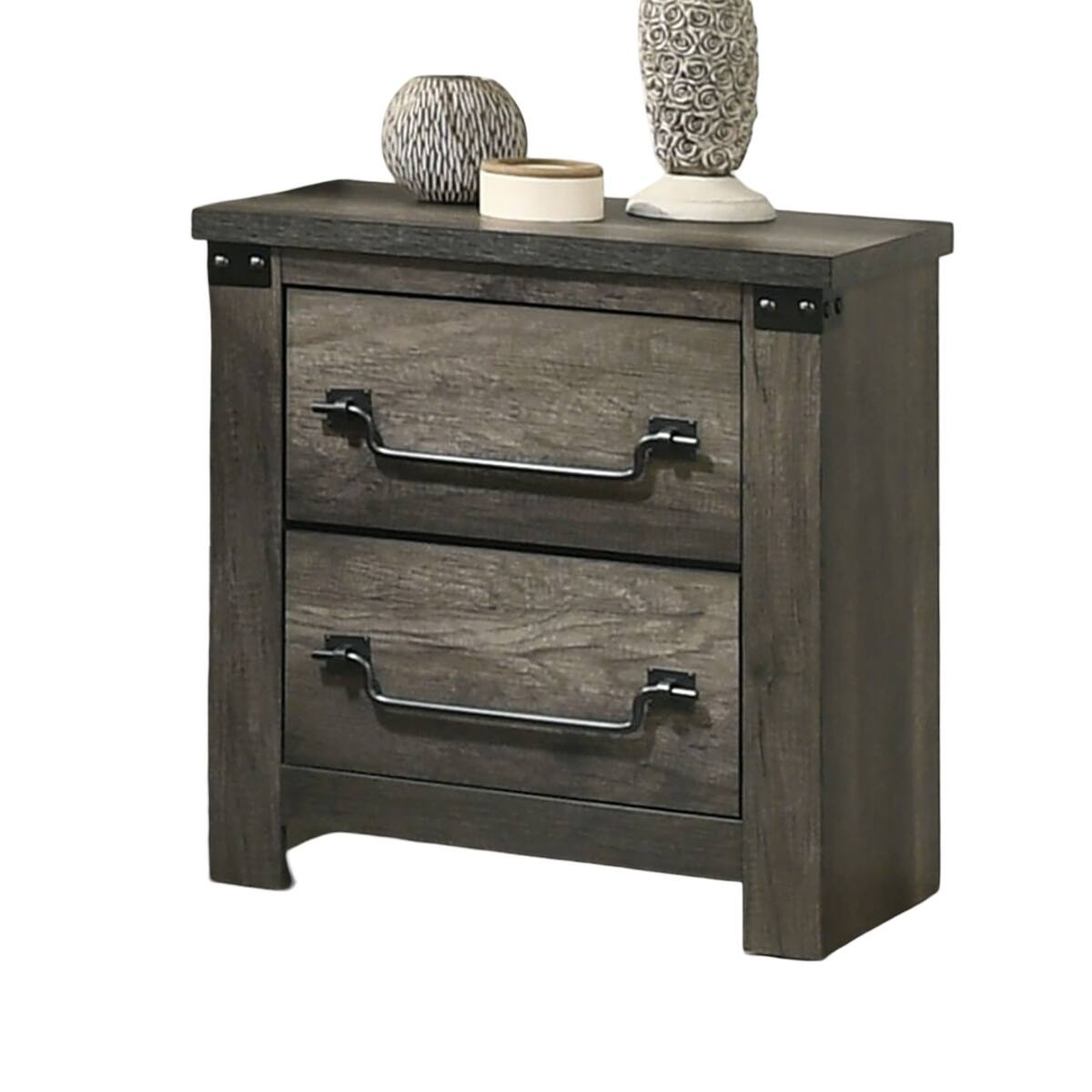 Front. Loheer - Loheer Rustic Gray Farmhouse Nightstand, Two Drawer Bedside Table with Metal Accents - Gray.