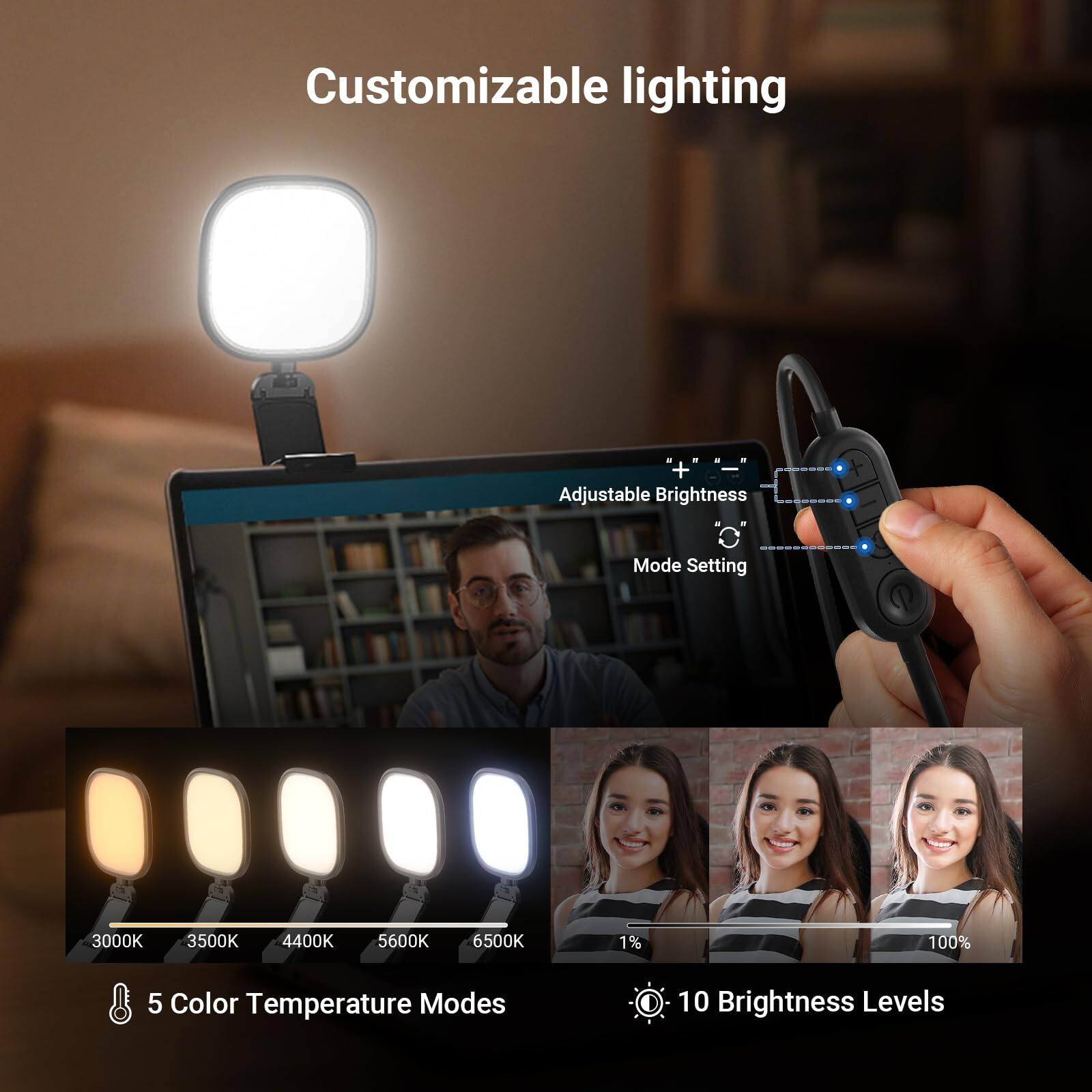 Customizable lighting  
Adjustable Brightness  
Mode Setting  

3000K 3500K 4400K 5600K 6500K  

5 Color Temperature Modes  
10 Brightness Levels