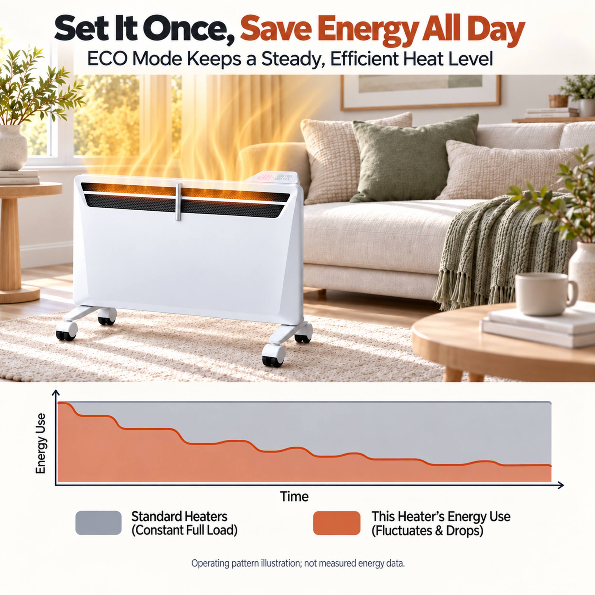 Set It Once, Save Energy All Day  
ECO Mode Keeps a Steady, Efficient Heat Level  

24  
Use Energy  
Standard Heaters (Constant Full Load)  
Time  
This Heater's Energy Use (Fluctuates & Drops)  

Operating pattern illustration; not measured energy data.