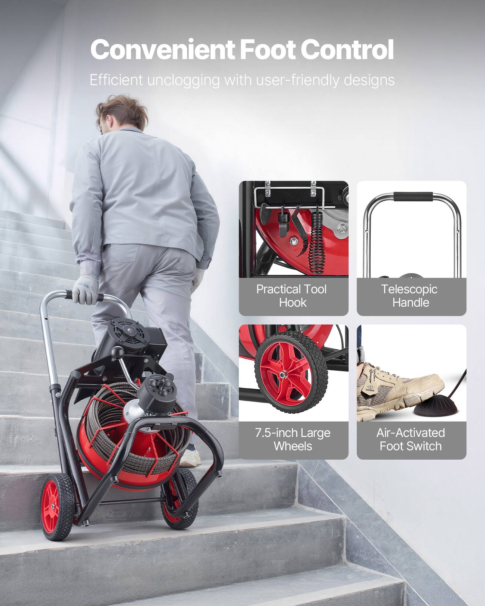Convenient Foot Control  
Efficient unclogging with user-friendly designs  

- Practical Tool Hook  
- Telescopic Handle  
- 7.5-inch Large Wheels  
- Air-Activated Foot Switch