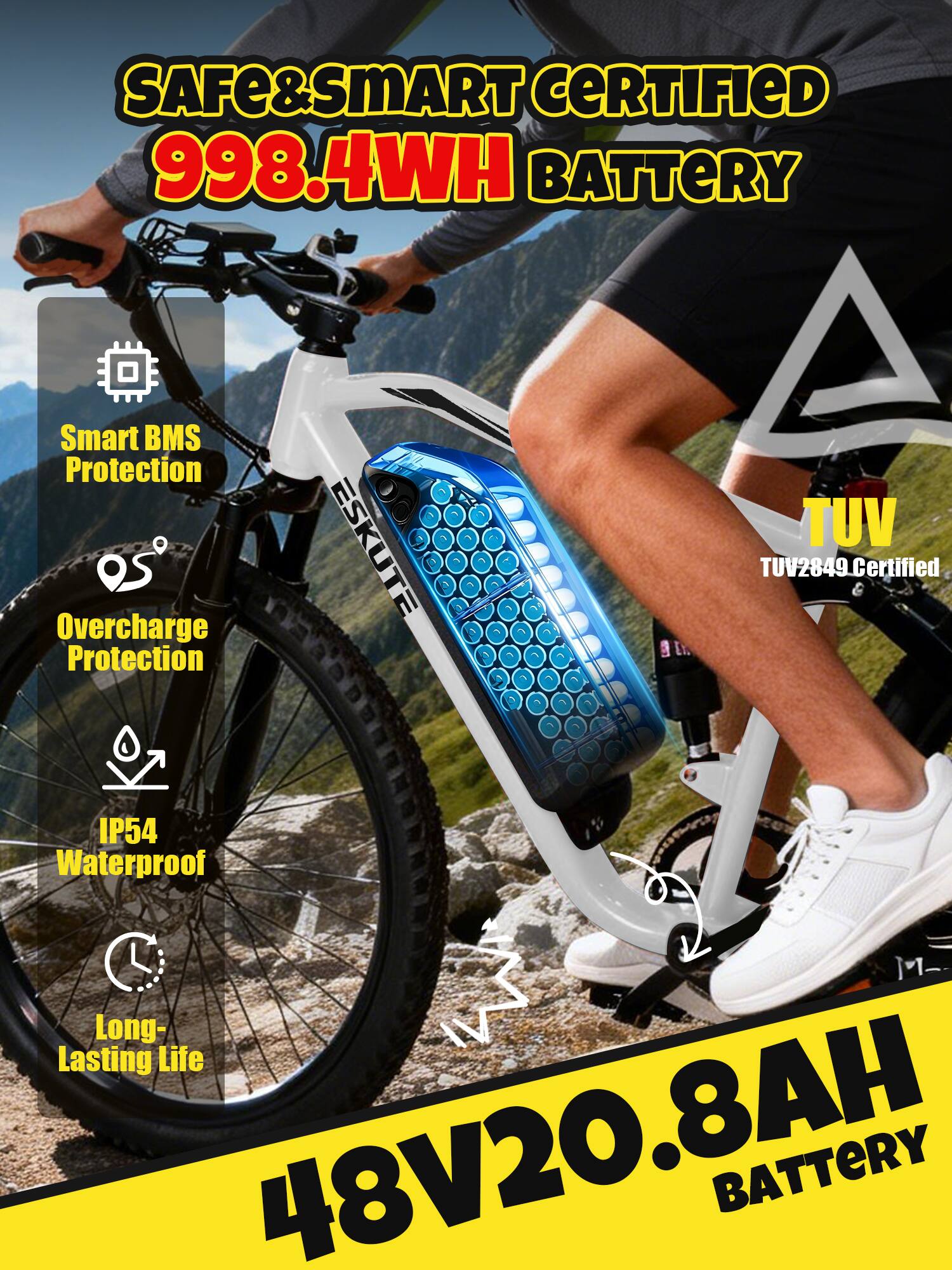 SAFE&SMART CERTIFIED 998.4WH BATTERY

Smart BMS Protection
Overcharge Protection
IP54 Waterproof
Long-Lasting Life

48V20.8AH BATTERY

TUV TUV2849 Certified