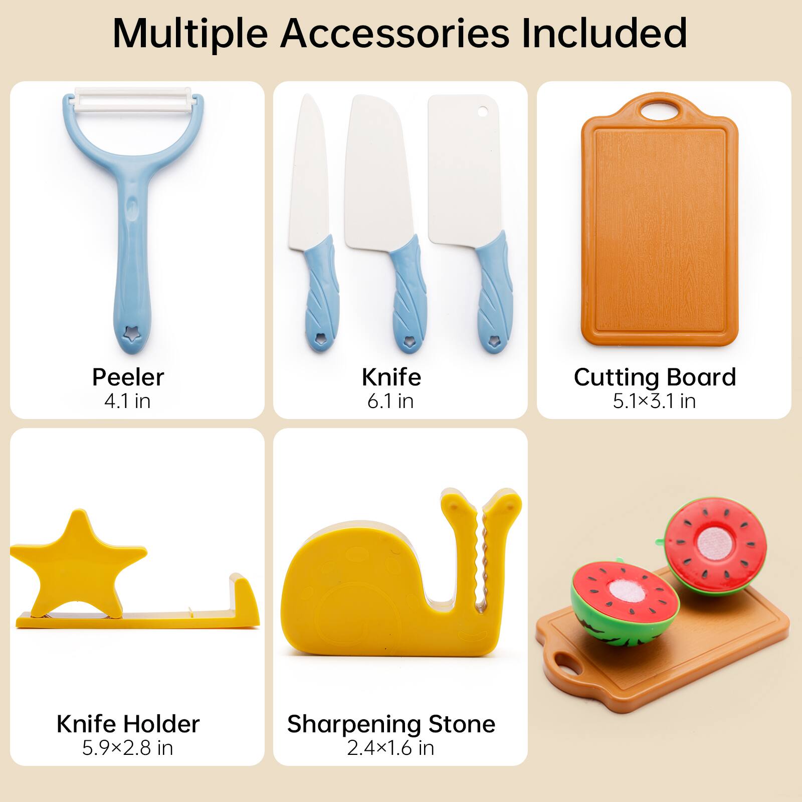 Multiple Accessories Included  
- Peeler: 4.1 in  
- Knife: 6.1 in  
- Cutting Board: 5.1x3.1 in  
- Knife Holder: 5.9x2.8 in  
- Sharpening Stone: 2.4x1.6 in