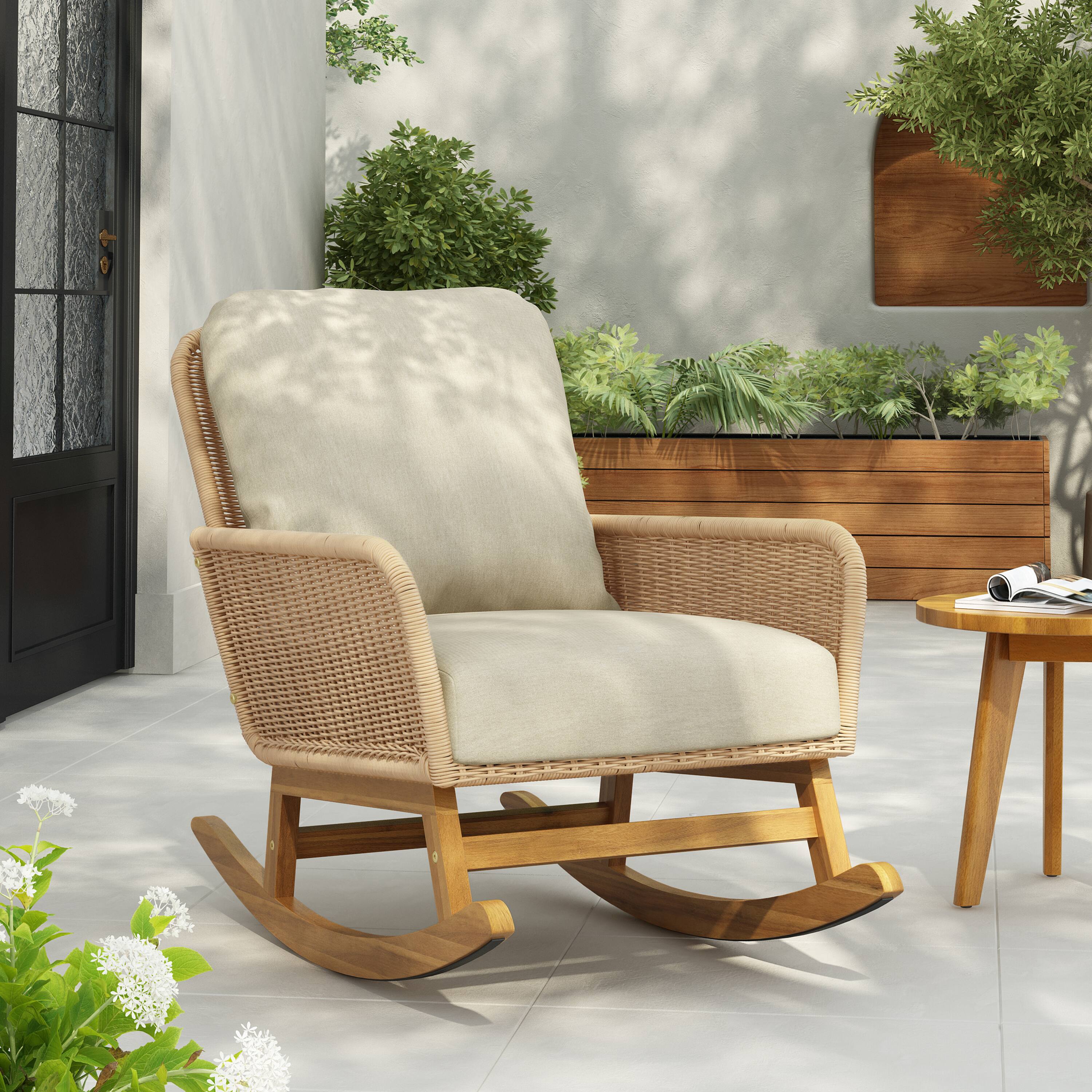 Angle. Tiramisubest - Minimalist Wicker Rocking Chair with Polyester Cushions and Wooden Frame for Indoor and Outdoor Spaces,Beige - Beige.