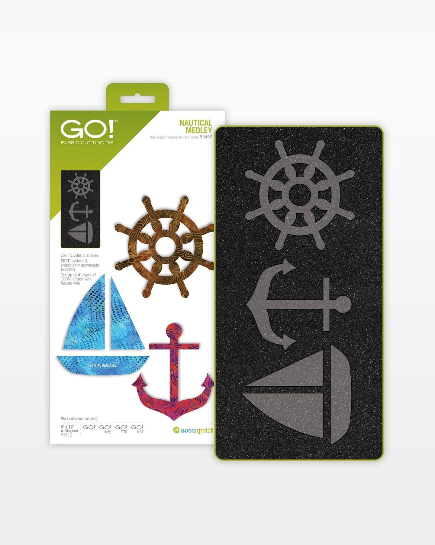 GO! Fabric Cutting Die

NAUTICAL MEDLEY

Die includes 5 shapes
FREE pattern & embroidery downloads available

Cut up to 4 layers of 100% cotton with fusible web

Works with mat included:
6 x 12 mat
55117

85% ACTUAL SIZE

See shape measurements on back. 55497

Works with GO! mat included:
55117

acquilt