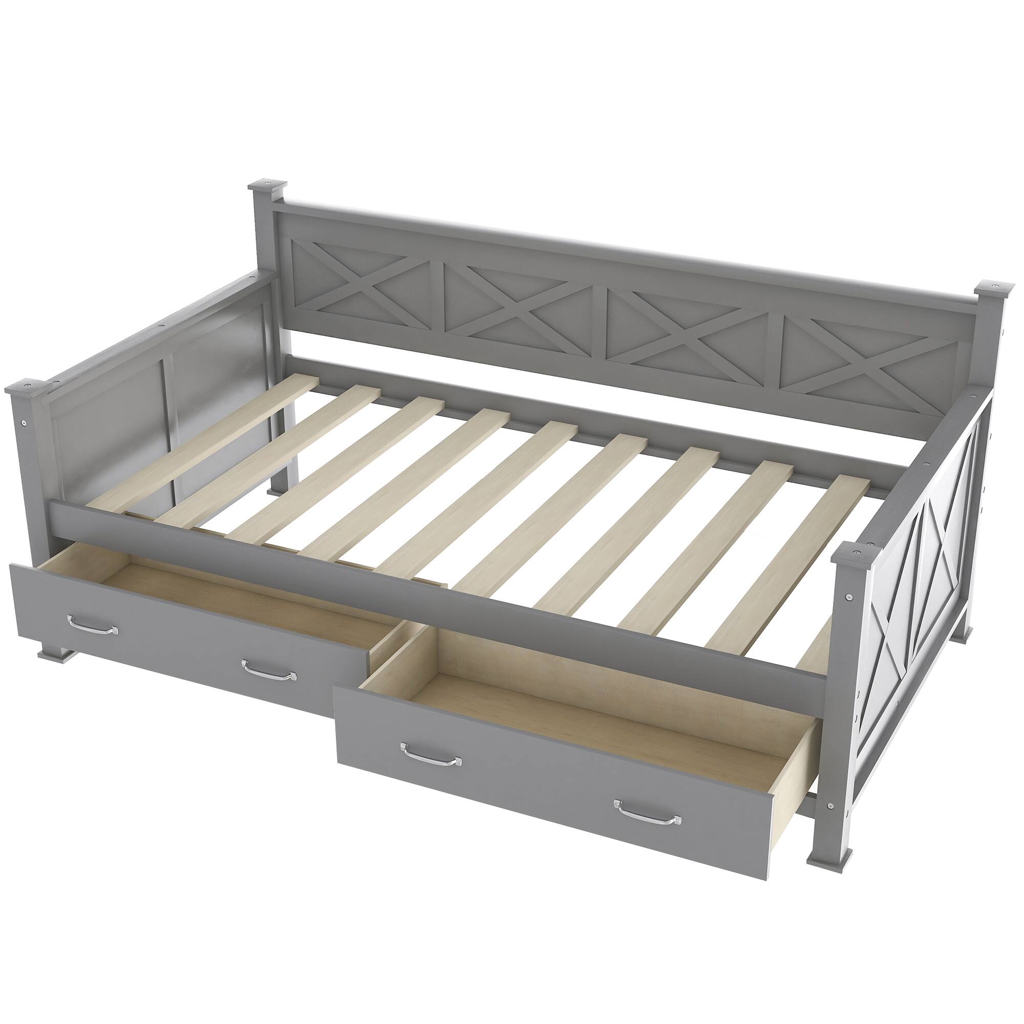 Alt View 5. Tiramisubest - Twin Size Daybed with 2 Large Drawers, X-shaped Frame, Modern and Rustic Casual Style Daybed, Gray - Gray.