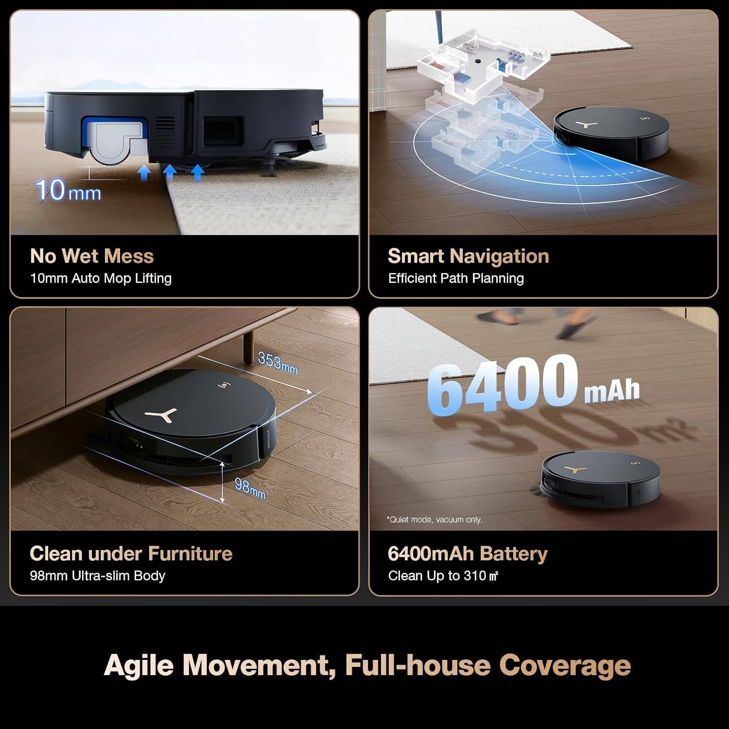 10 mm No Wet Mess  
10mm Auto Mop Lifting  
Smart Navigation  
Efficient Path Planning  
353mm  
6400 mAh  
98mm "Quiet mode, vacuum only.  
Clean under Furniture  
98mm Ultra-slim Body  
6400mAh Battery  
Clean Up to 310 m  
Agile Movement, Full-house Coverage