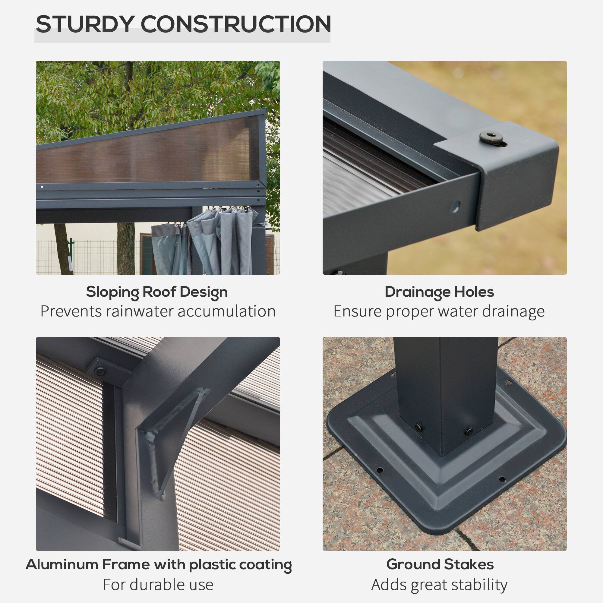 STURDY CONSTRUCTION

- Sloping Roof Design  
  Prevents rainwater accumulation

- Drainage Holes  
  Ensure proper water drainage

- Aluminum Frame with plastic coating  
  For durable use

- Ground Stakes  
  Adds great stability