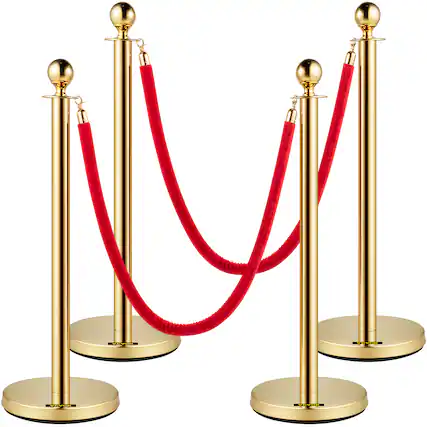 Front. VEVOR - Velvet Ropes and Posts, 5 ft/1.5 m Red Rope, Stainless Steel Gold Stanchion with Ball Top, Red Crowd Control Barrier - Gold.
