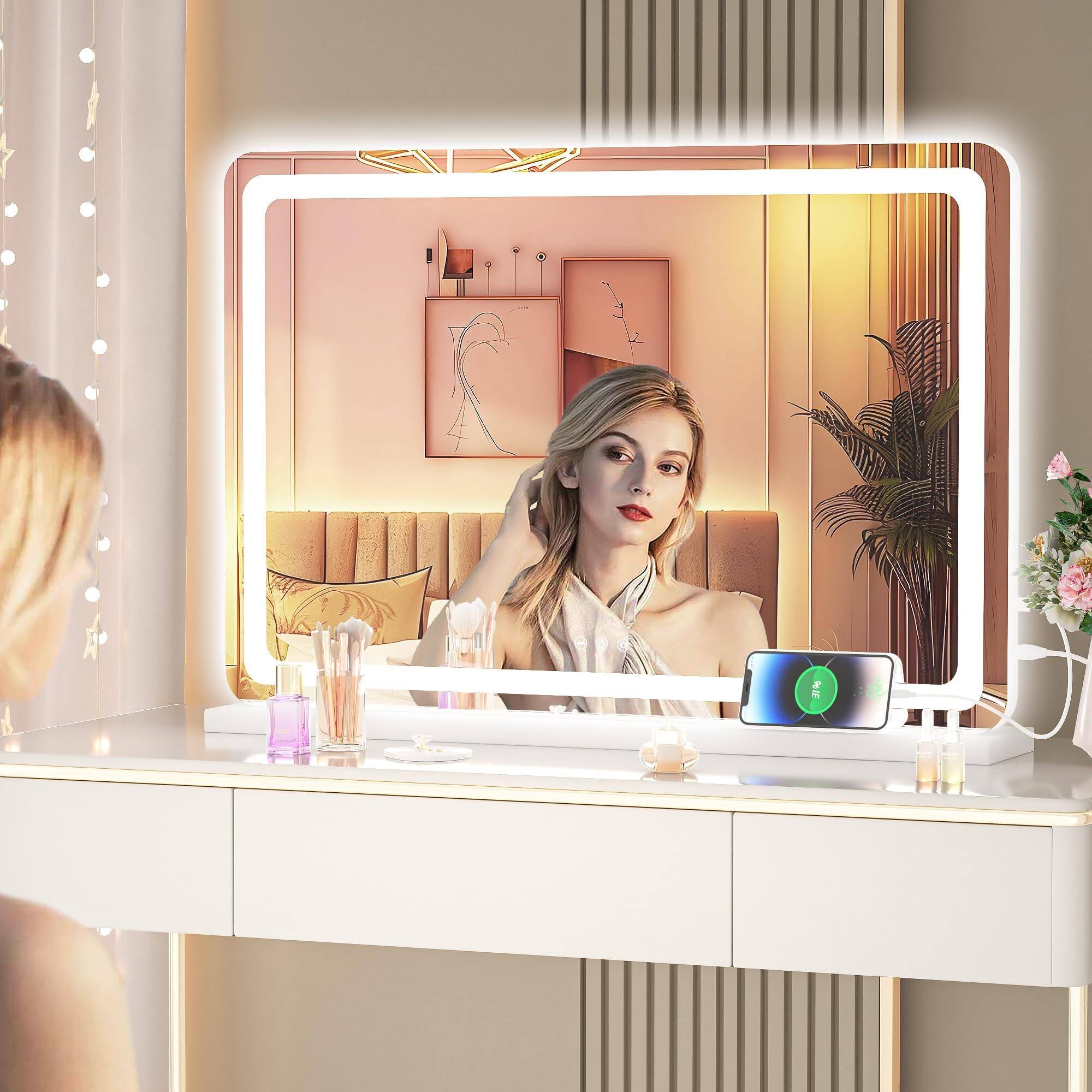 Alt View 5. Hanke - Vanity Mirror With Lights 31 Led Makeup Lighted Dimmable 3 Modes Touch Screen Control Round - Gold 22.8"L x 18"W.