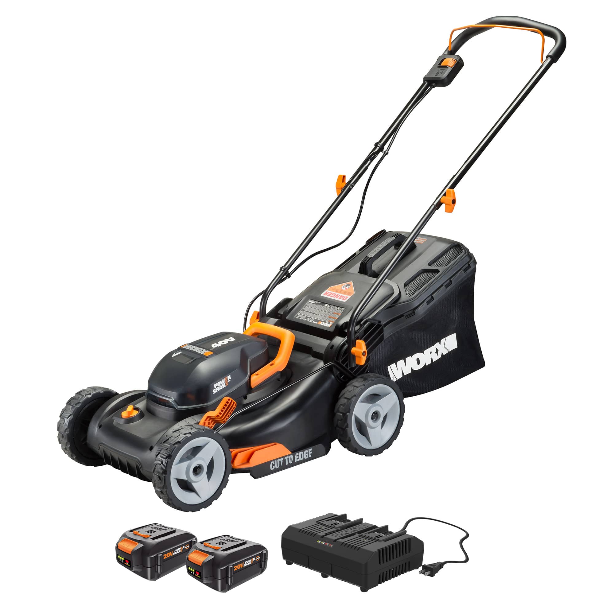 Front. WORX - WG743 40V 17" Walk Behind Lawn Mower with Grass Collection Bag and Mulcher (2 x 4.0 Ah Batteries and 1 x Charger) - Black.