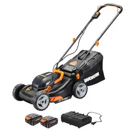 Front. WORX - WG743 40V 17" Walk Behind Lawn Mower with Grass Collection Bag and Mulcher (2 x 4.0 Ah Batteries and 1 x Charger) - Black.