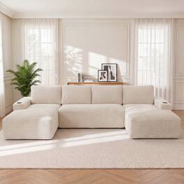 Anysun - Compressible U-Shaped Sectional Sofa Set – Minimalist Style Modular Sofa, Corduroy Fabric Cloud Couch for Living Room - Cream White