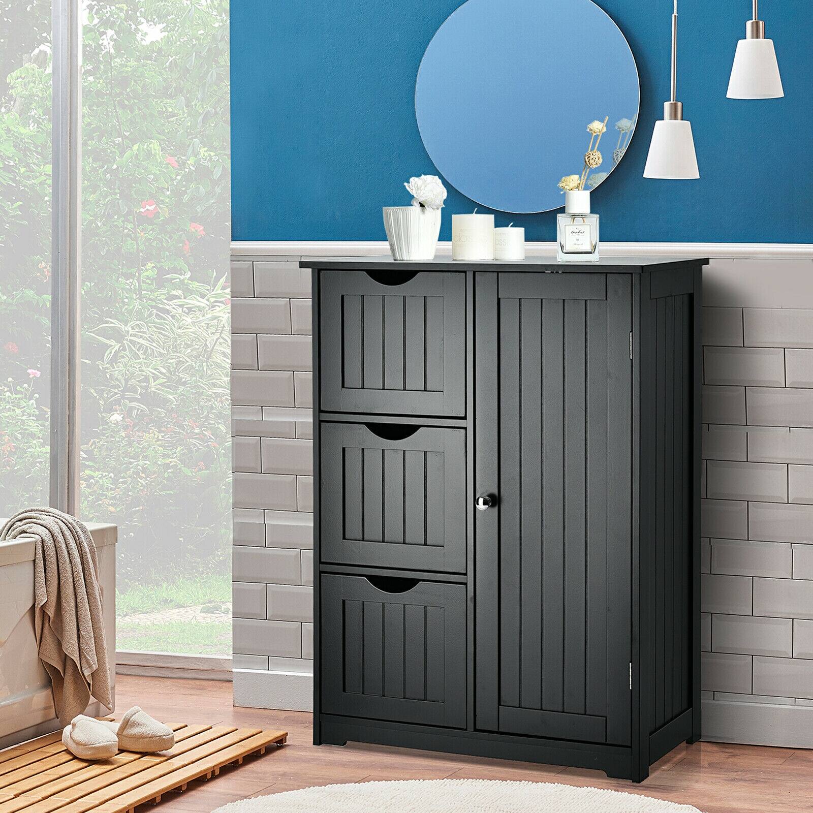 Alt View 9. Ecooso - Bathroom Floor Cabinet Side Storage Cabinet with 3 Drawers and 1 Cupboard - Black.
