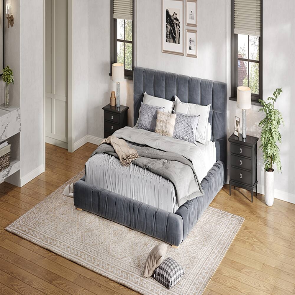Alt View 4. Loheer - Loheer King Size Upholstered Velvet Platform Bed Frame Gray Low Profile - Gray.