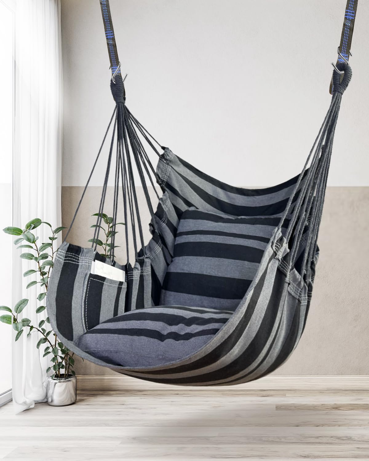 Alt View 4. JETRANSPORT - Hammock Chair Hanging Rope Swing 2 Cushions Included-sturdy & Durable Soft Cotton Hand Woven For Bedroom - Dark Green.