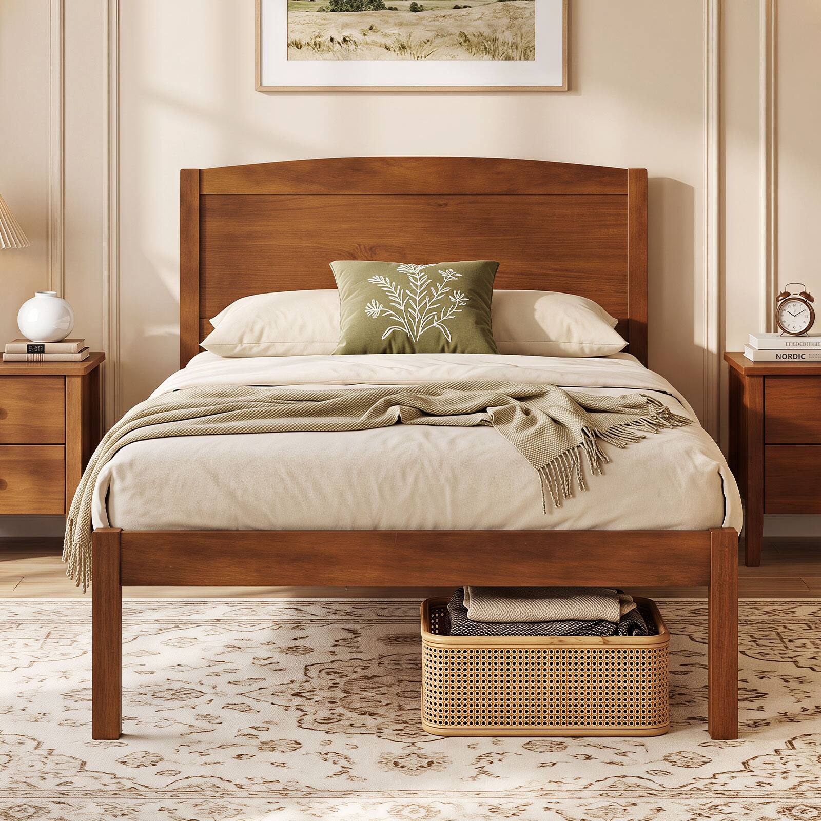 Alt View 4. Gymax - Gymax Twin Size Wooden Platform Bed Frame w/Curved Headboard Solid Pine Wood Legs Walnut - Brown.
