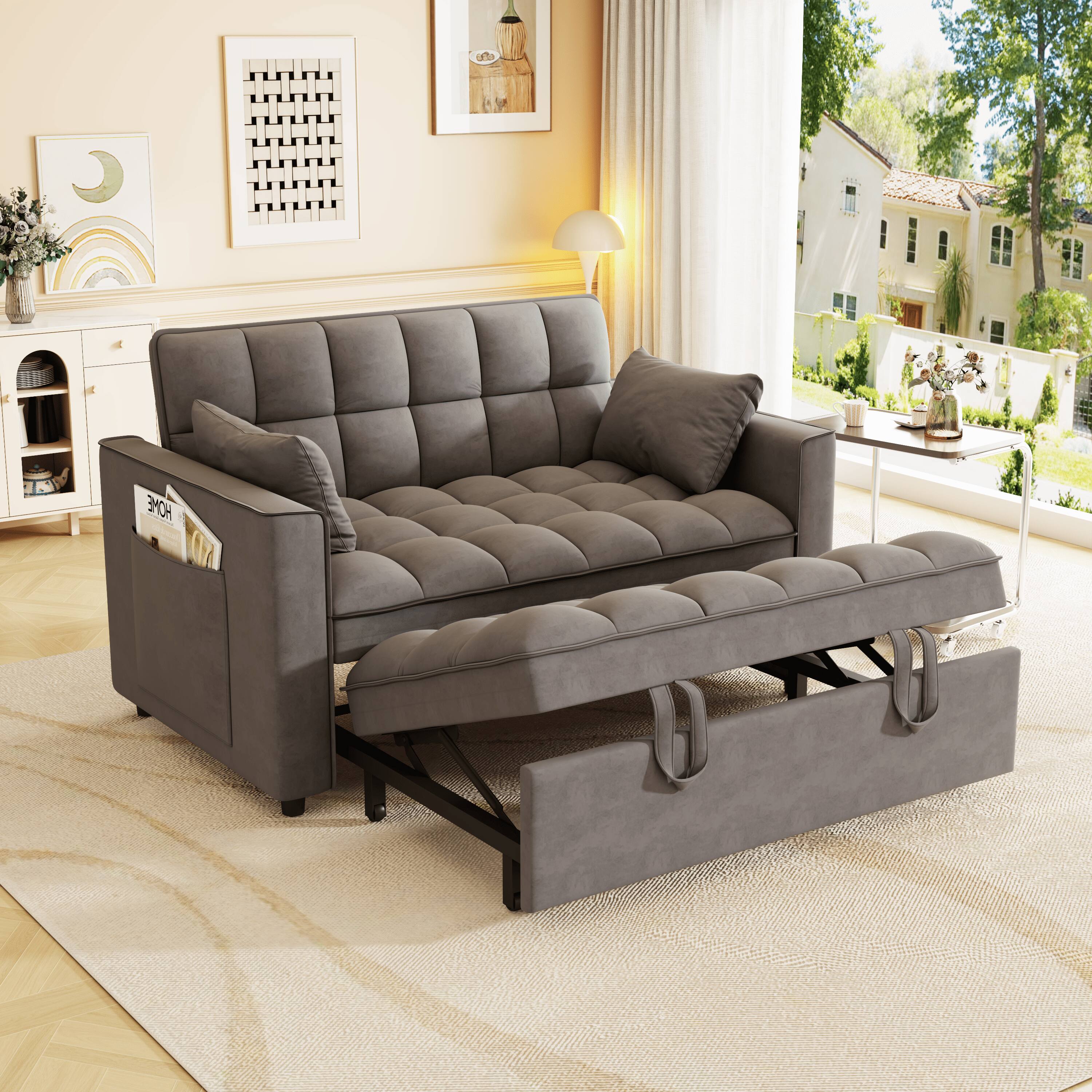 Alt View 2. Anysun - Modern Velvet Convertible Sleeper Sofa Bed with Pull-Out Bed, Pillows & Side Pockets for Small Spaces - Gray.