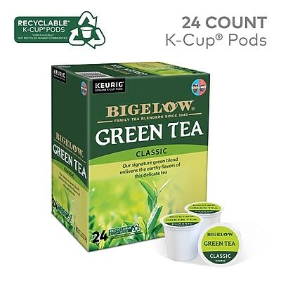 RECYCLABLE K-CUP PODS  
24 COUNT  
KEURIG GENUINE PODS  

BIGELOW  
FAMILY TEA BLENDERS SINCE 1945  

BIGELOW  
GREEN TEA  
CLASSIC  

Our signature green blend enlivens the earthy notes of this delicate tea.  

24 RECYCLABLE K-CUP PODS