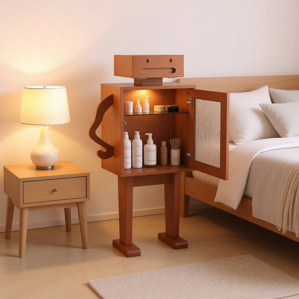 Angle. VIVZONE - Wooden Robot Shape Storage Cabinet with Glass Door - Walnut.