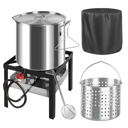 Front. FODINGHILL - 60QT Aluminum Outdoor Crawfish & Crab Boiler with Basket, Skimmer & Cover, Seafood Boiling Kit - silver.