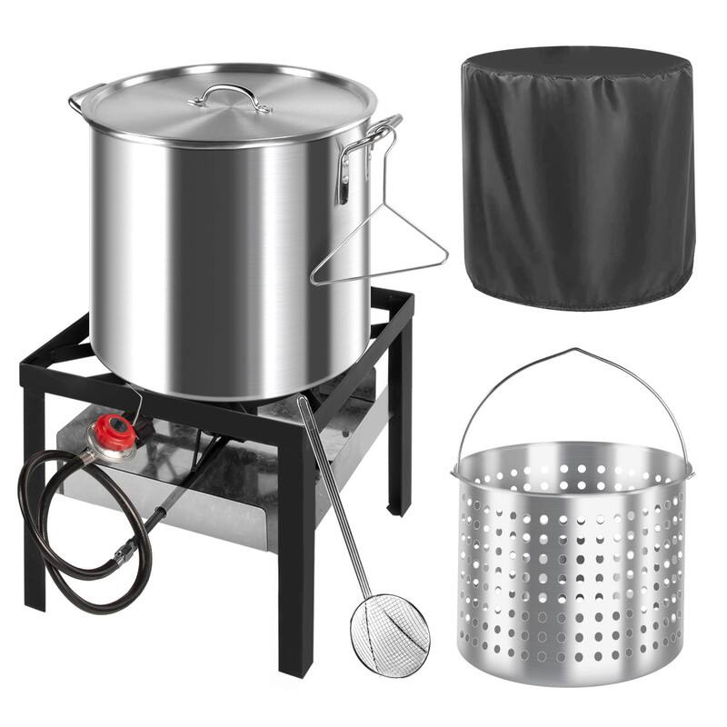 Front. FODINGHILL - 60QT Aluminum Outdoor Crawfish & Crab Boiler with Basket, Skimmer & Cover, Seafood Boiling Kit - silver.