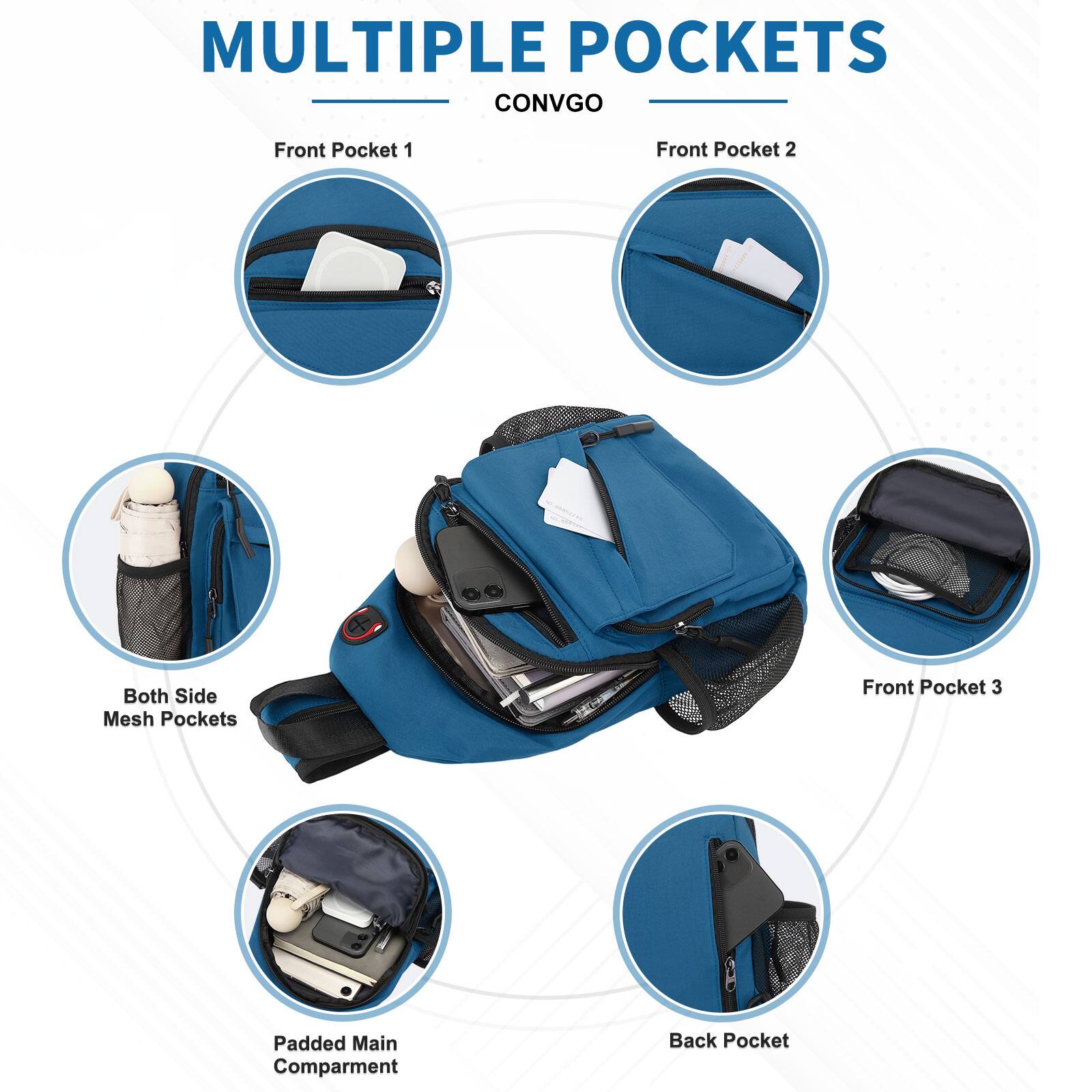 MULTIPLE POCKETS  
CONVGO

- Front Pocket 1
- Front Pocket 2
- Both Side Mesh Pockets
- Front Pocket 3
- Padded Main Compartment
- Back Pocket
