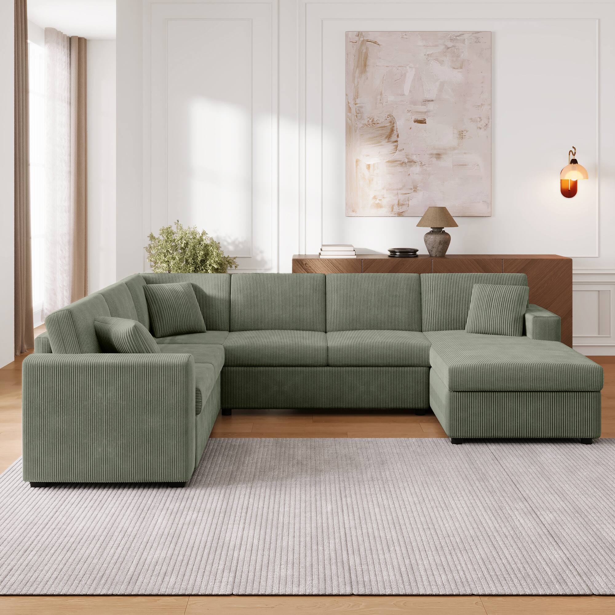 Angle. Whisen - Oversized U-Shaped Sectional Sofa with Chaise Lounge and Pillows for Living Room - Green.